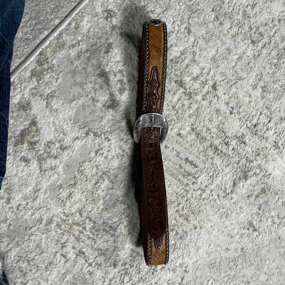Mens Western Genuine Leather Hair-on Cowhide Belt Silver Buckle Cross - Picture 7 of 10